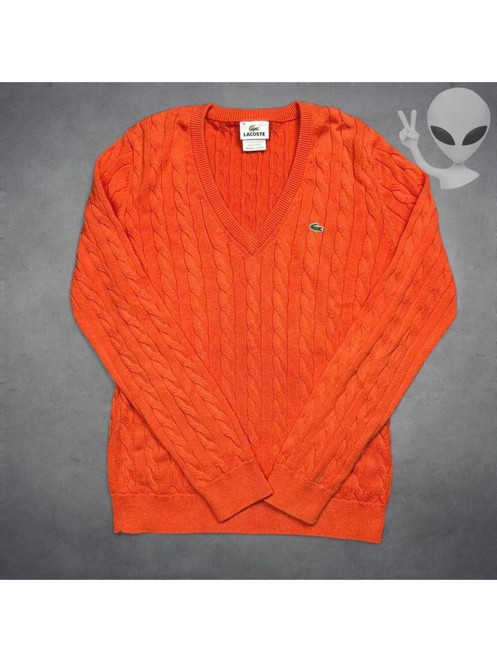 Lacoste Classic Cable Knit V-Neck Sweater Womens S Orange Pullover Logo Jumper